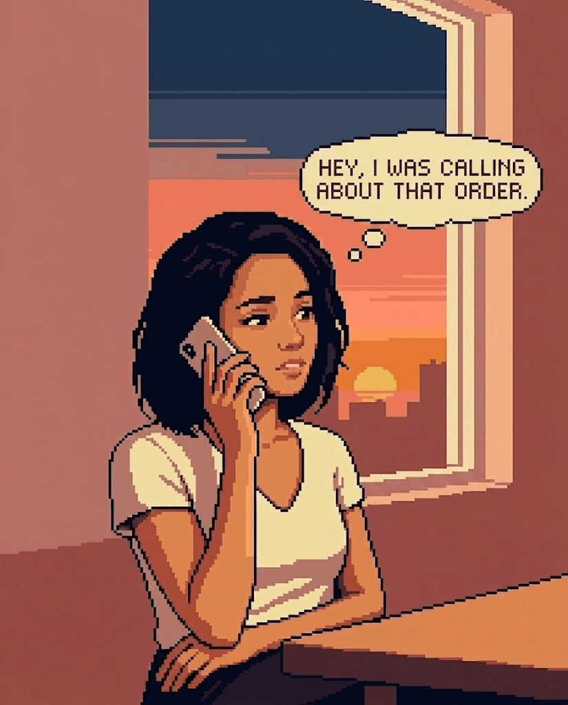 Caller speaking naturally about that order